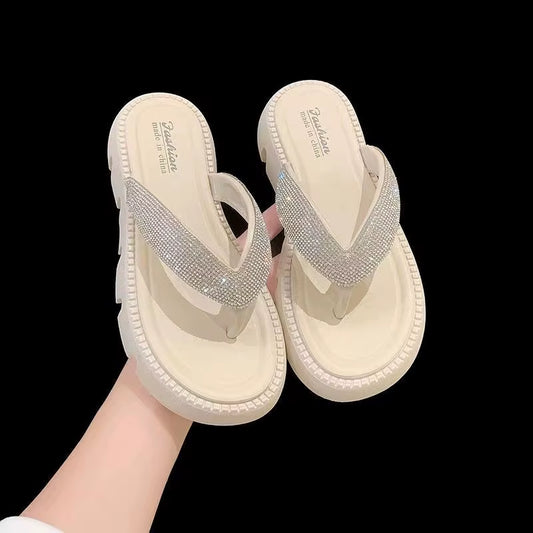 2024 Summer New Arrival High-End Women'S Trendy Lazy Sandals Open Toe Shiny Rhinestone Flip-Flops Slippers Foot-Clip Platform